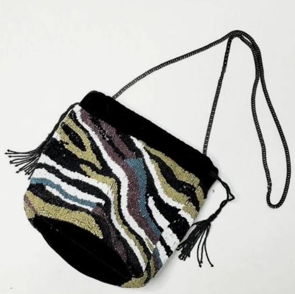 Zara Beaded Safari Velvet Bucket Bag Crossbody Multicoloured Tassels Beaded - Picture 10 of 12